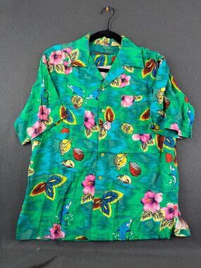 Vintage Network Mens Green Button Up Shirt All Over Floral Seashell Print M